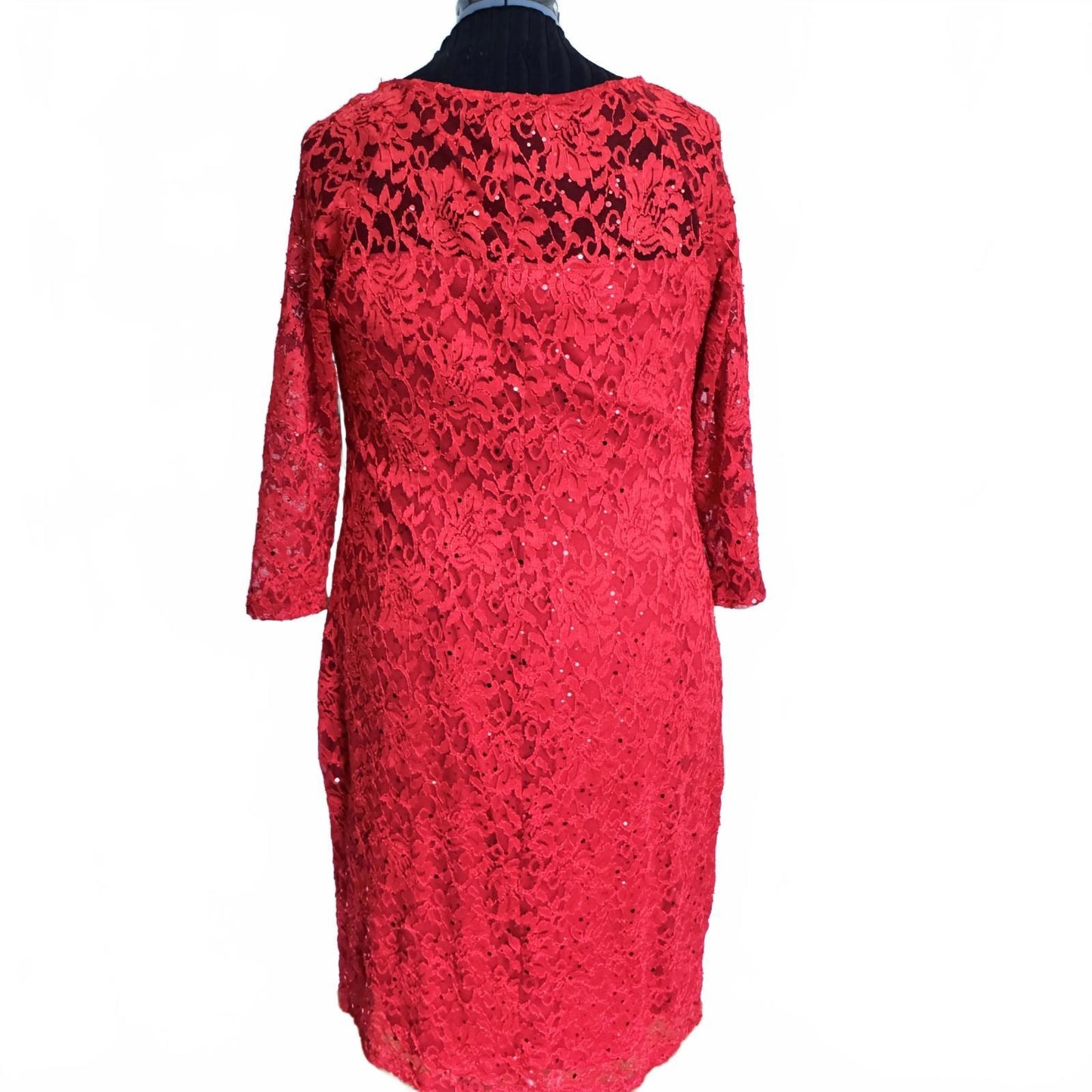 Elegant Red Lace Sparkly Cocktail Dress with 3/4 Lace Sleeves Size XL