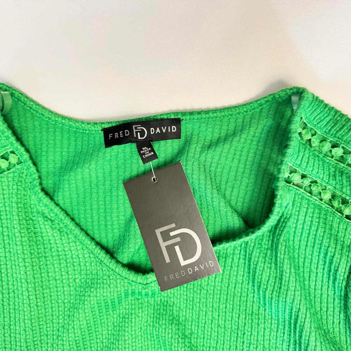 NWT Fab & David Green Puff Sleeve Blouse Women’s Top Crochet Trim Size XL