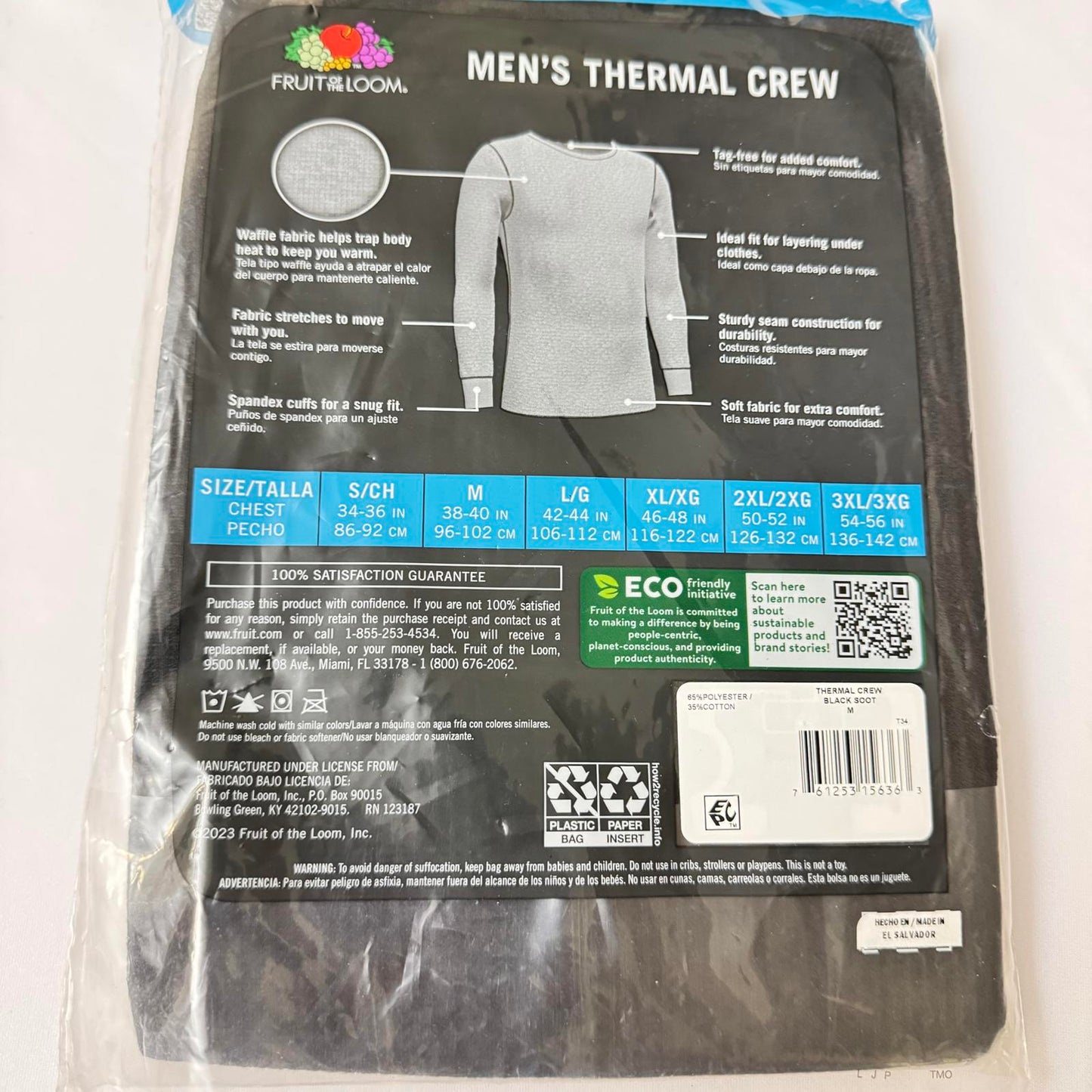 Fruit of the Loom Men's Thermal Crew Long Sleeve Shirt - Black Size Medium