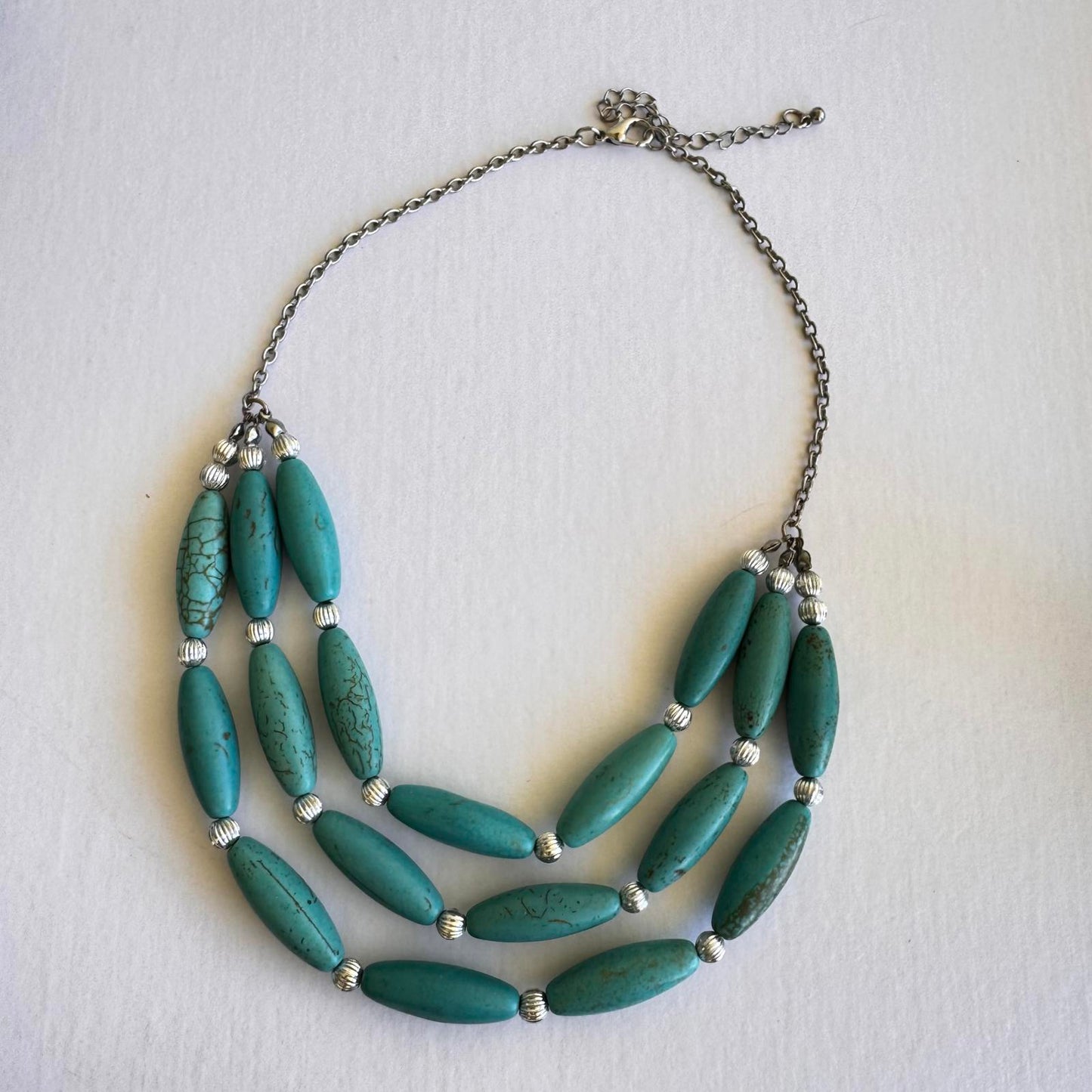 Bohemian Turquoise Color Beaded Necklace with Silver Accents