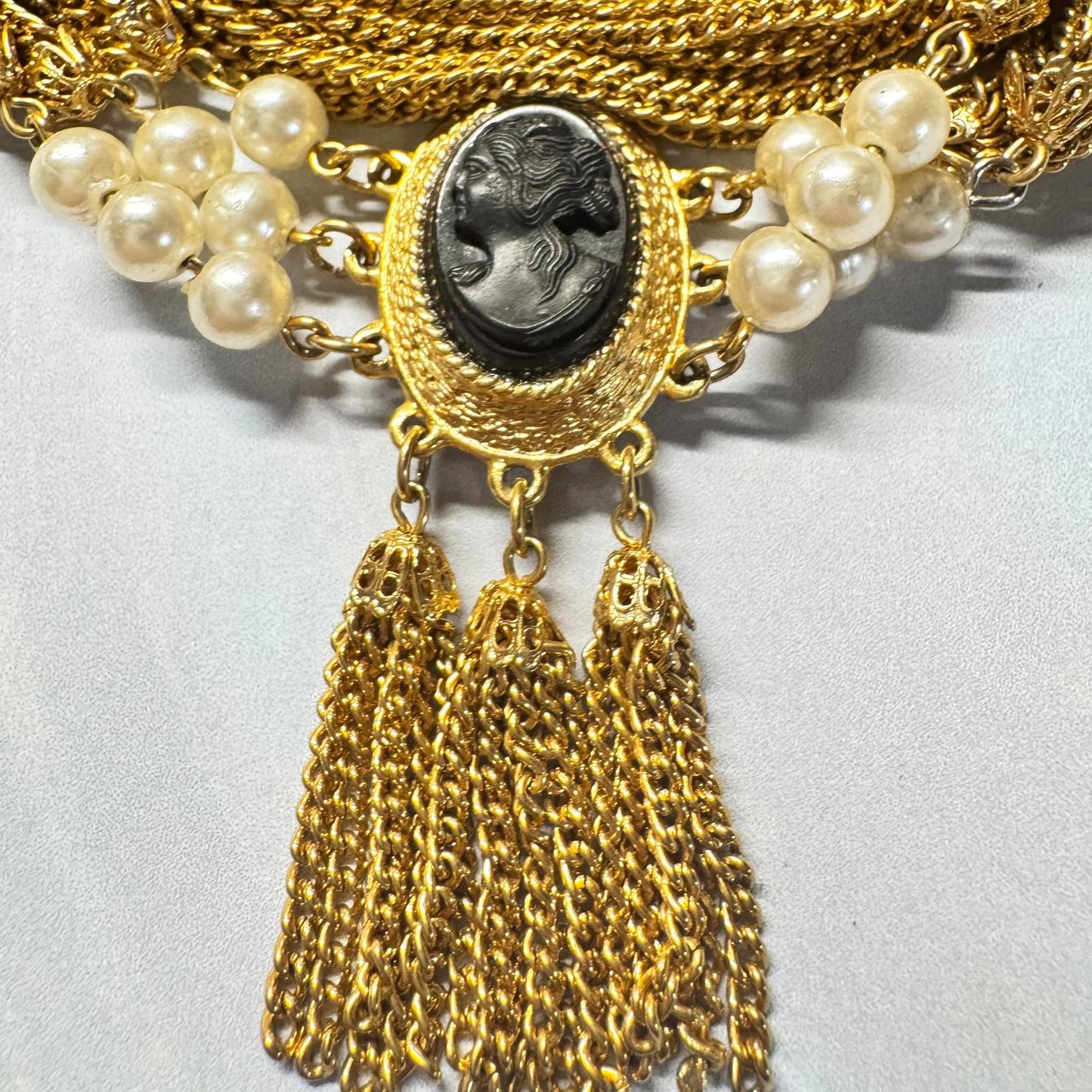 Vintage Cameo Elegant Multi-Layer Gold Tone Chain Necklace with Faux Pearls
