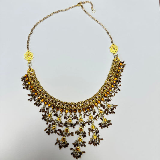 Elegant Bohemian Statement Necklace with Golden and Amber Accents