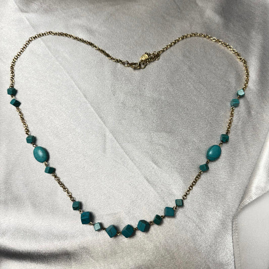 Turquoise Color Cubed Bead and Gold Tone Chain Necklace BoHo Classic Statement