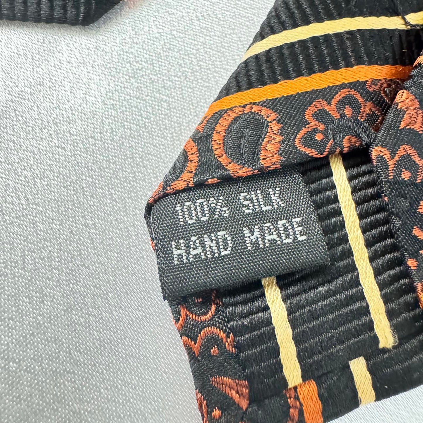 Handmade 100% Silk Paisley Tie - Black/Orange Stripes