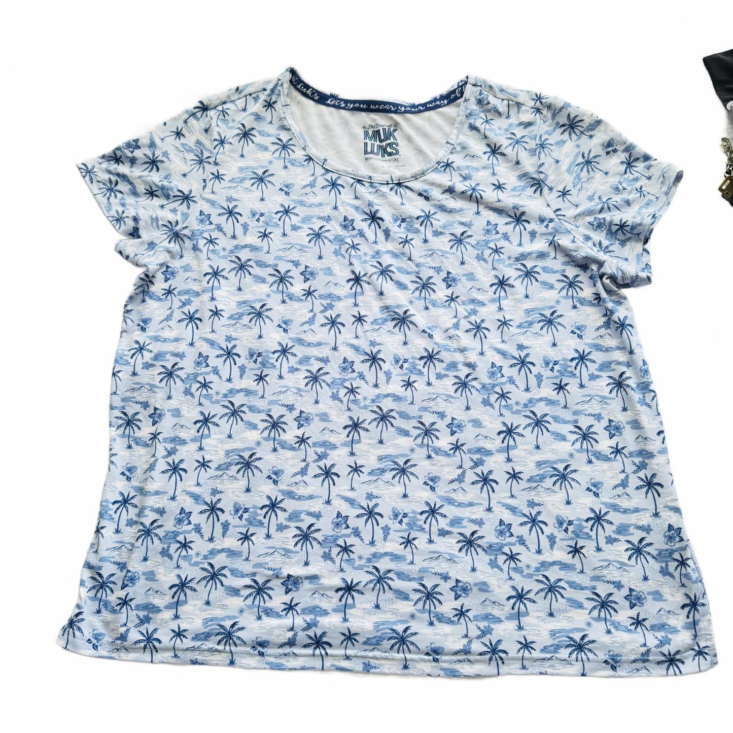 Muk Luks Palm Tree Print Shirt Women’s Large White Blue Tee Lightweight Stretch