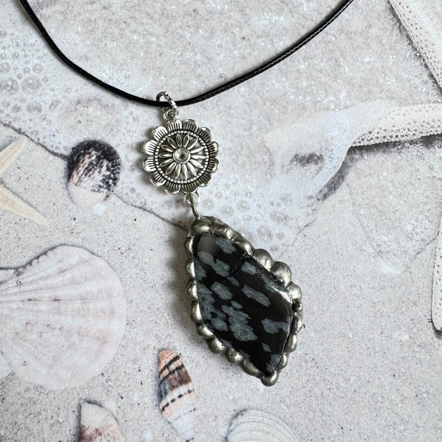 Snowflake Obsidian Stone Pendant Handmade Necklace w/ Silver Tone Floral Accents