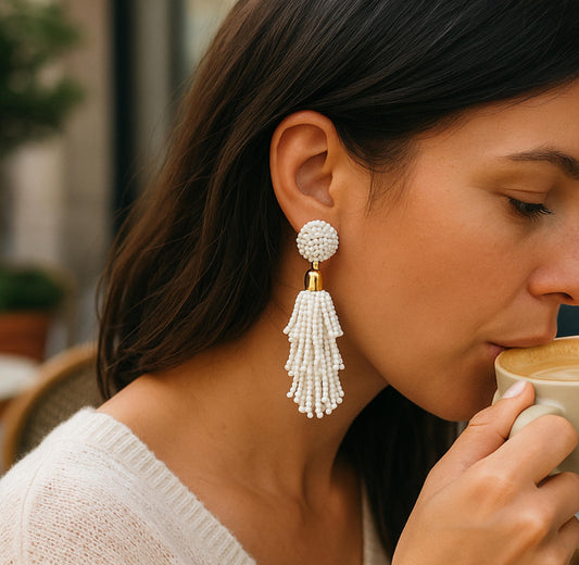 Elegant Vintage White Beaded Tassel Earrings