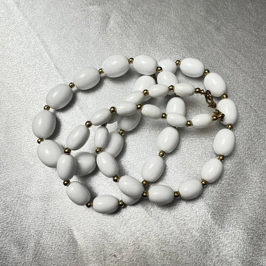 Monet Signed Vintage White Beaded Necklace with Gold Tone Accents