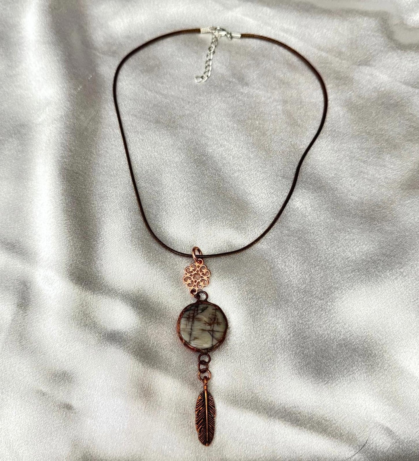 Handmade Picture Jasper Pendant Necklace – Soft Solder Copper Boho Jewelry