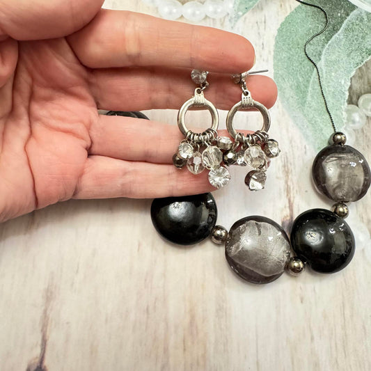 Stylish Black and Silver Beaded Necklace with Matching Earrings