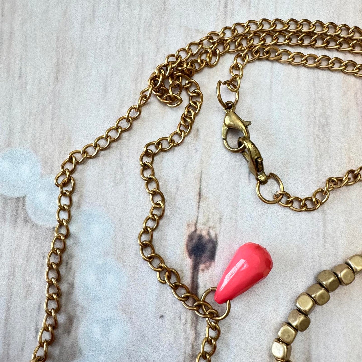 Coral Color Long Statement Necklace w/ Tassel and Leaf Charms & Co/ Bracelet