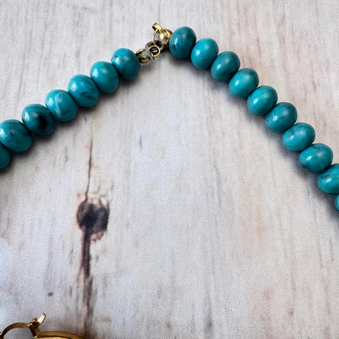 Stunning Faux Turquoise Necklace with Coordinating Gold Tone Hoop Earrings Set