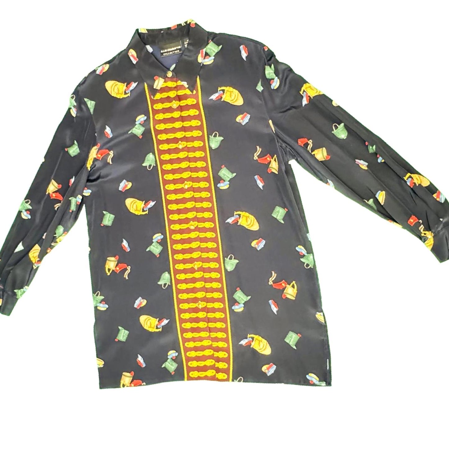 Liz Claiborne Collection Vintage Print Shirt  Black M Fun Pattern 100% Silk