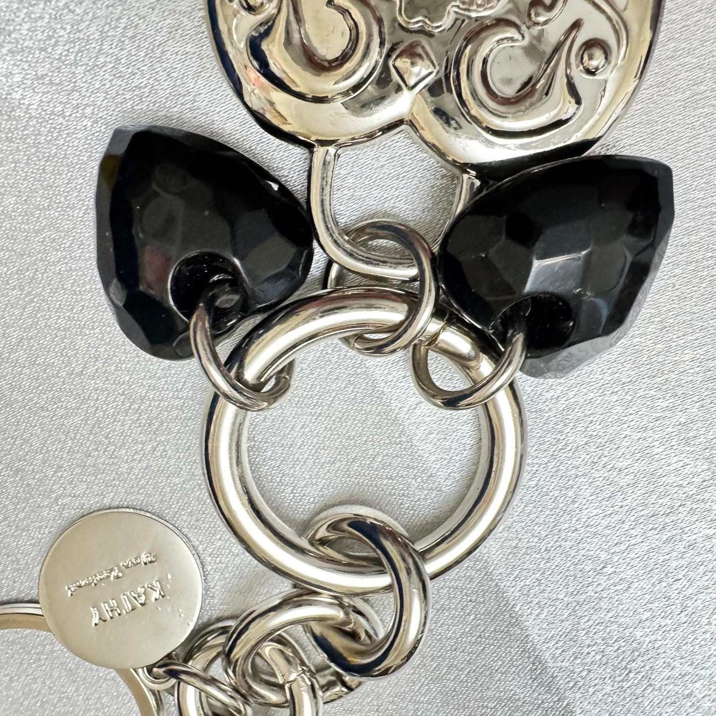 Kathy Van Zeeland Silver Tone Heart Keychain or Purse Charm with Black Accents