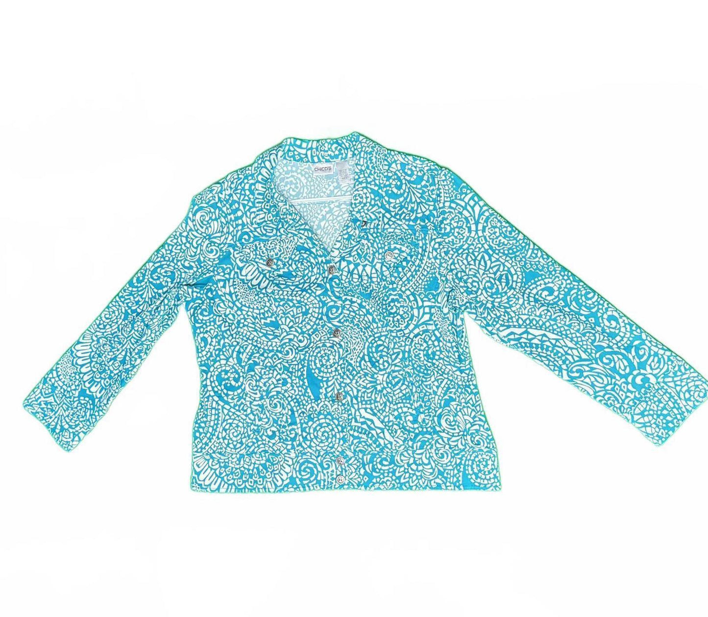 NWT Chico’s Size 2 Blue White Button Shirt Long Sleeve Abstract Print Blouse