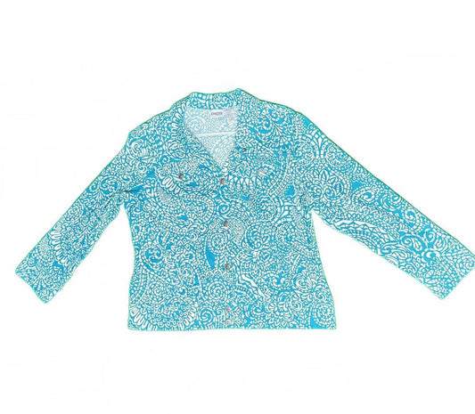 NWT Chico’s Size 2 Blue White Button Shirt Long Sleeve Abstract Print Blouse