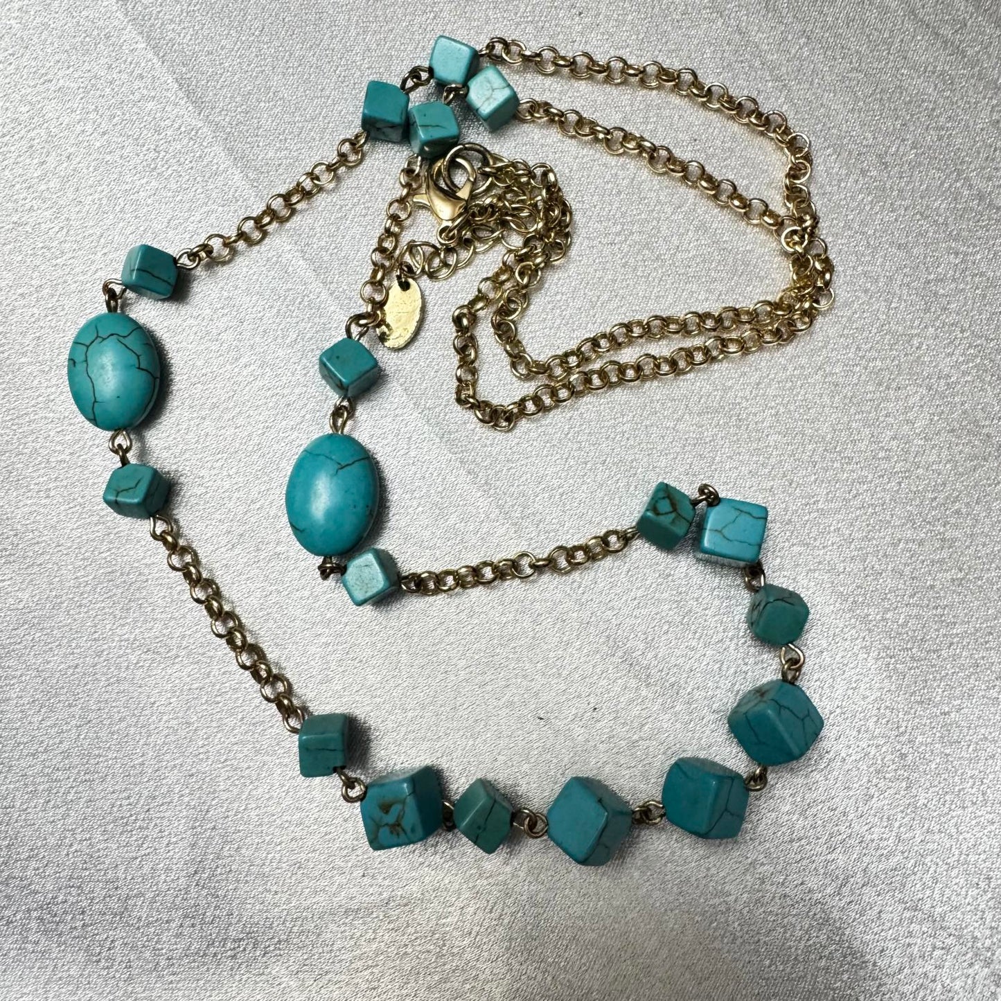 Turquoise Color Cubed Bead and Gold Tone Chain Necklace BoHo Classic Statement