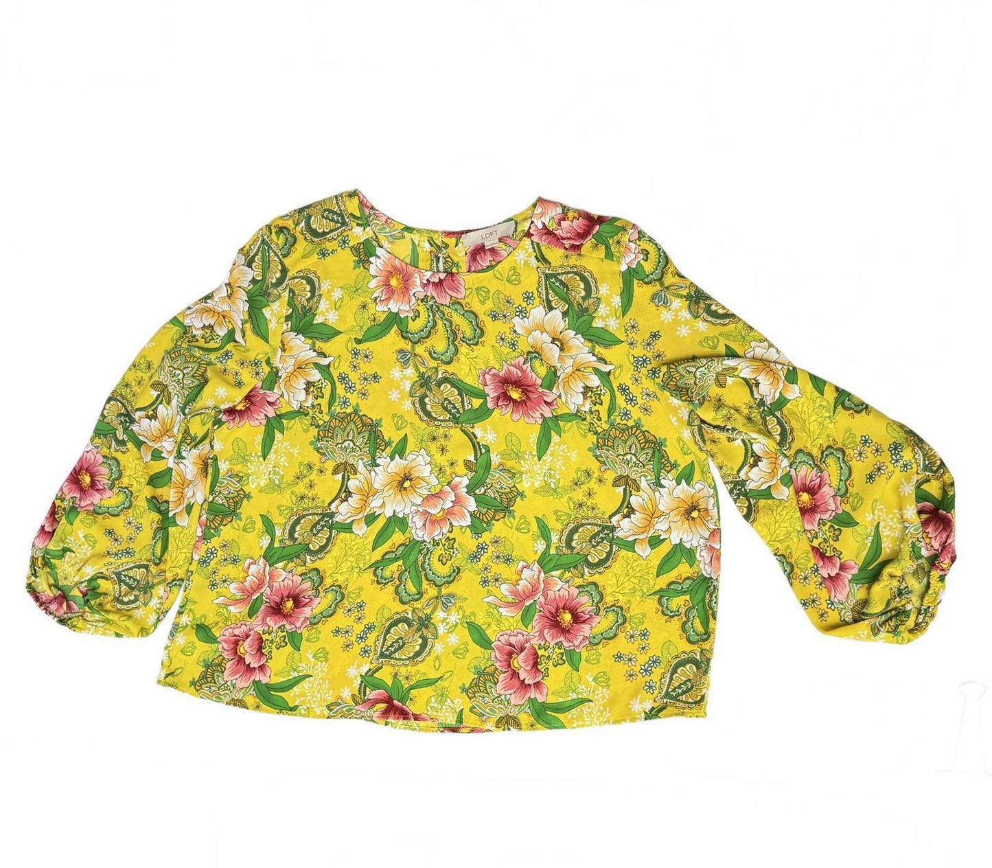 LOFT Yellow Floral Blouse Women’s Long Sleeve Bold Paisley Print Pullover Top XL