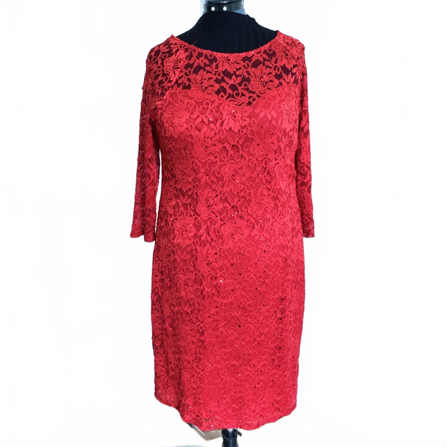 Elegant Red Lace Sparkly Cocktail Dress with 3/4 Lace Sleeves Size XL