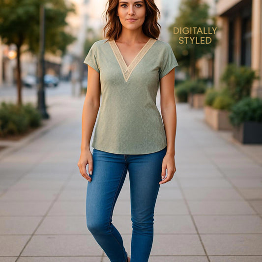 SHEIN Mint Green Blouse Women’s L Crochet Lace V-Neck Short Sleeve Eyelet Top