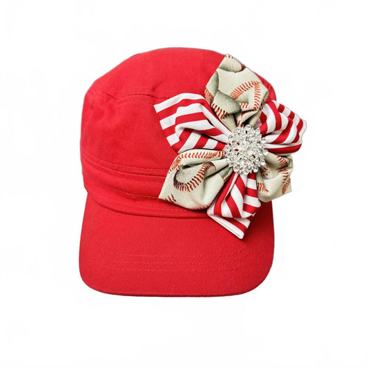 Charming Red Cap w/ Striped Bow & Rhinestone Accent Women's One size Adjustable