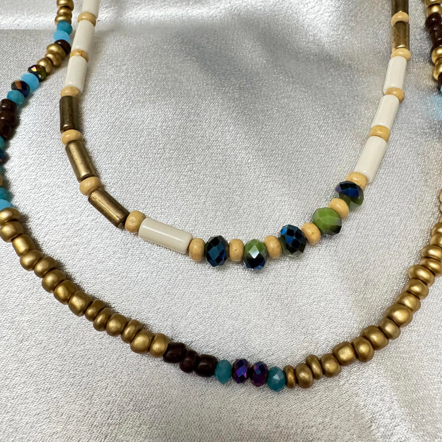 Bohemian Layered Necklace with  Wood, Turquoise, and AB Color Beads/Leaf Pendant