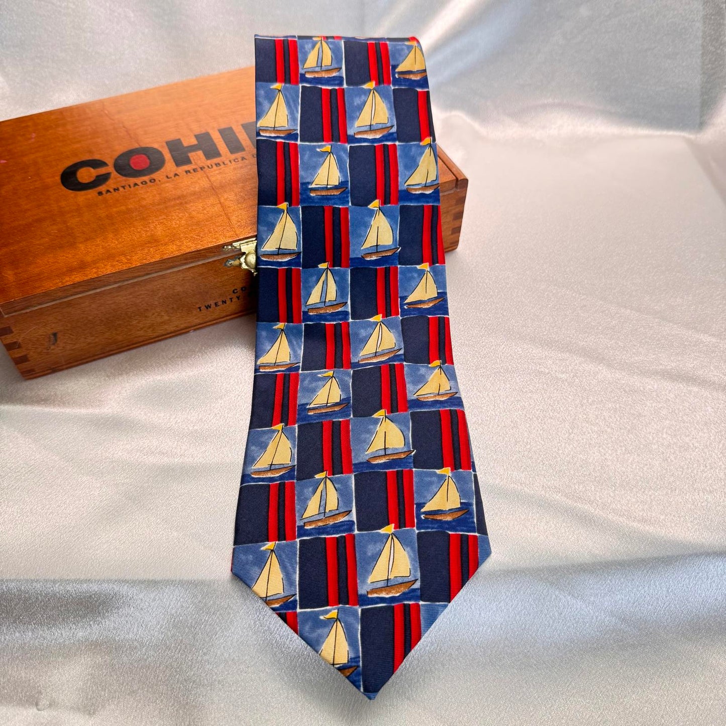 Men’s Silk Tie – Nautical Sailboat Print – Blue Ocean Theme Necktie