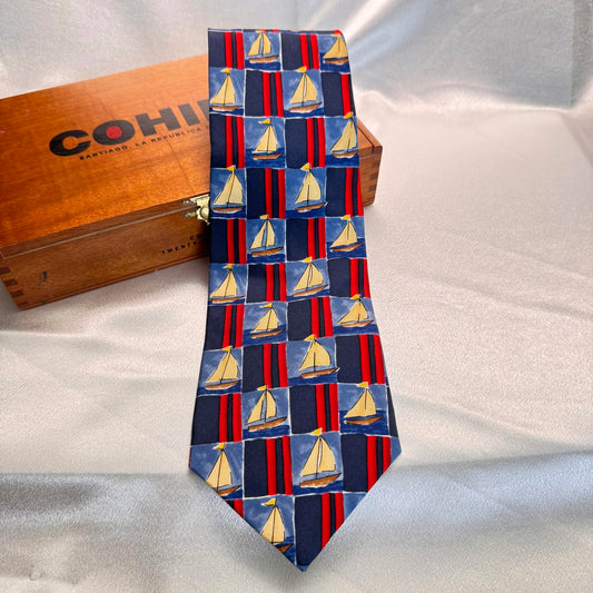 Men’s Silk Tie – Nautical Sailboat Print – Blue Ocean Theme Necktie