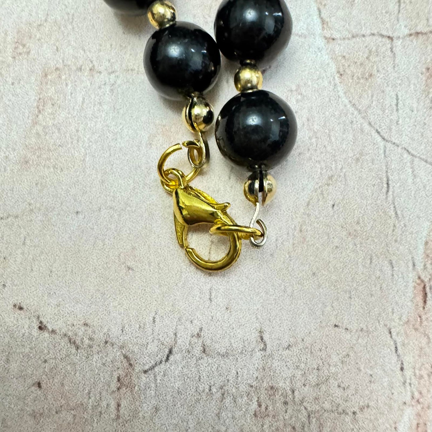Vintage Black Glass and Gold-Tone Beaded Necklace with Coordinating Earrings
