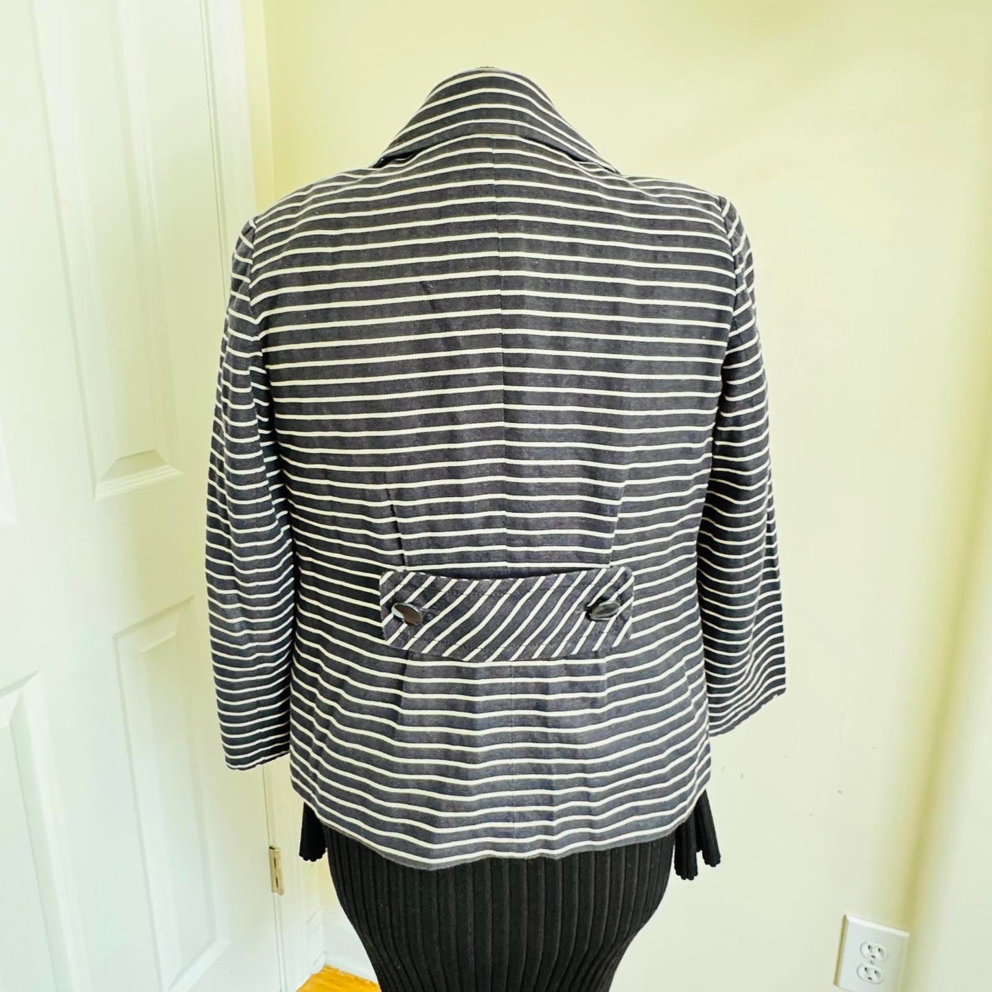 Coldwater Creek Striped Blazer Women’s 10 Navy White Cotton Linen Jacket Casual