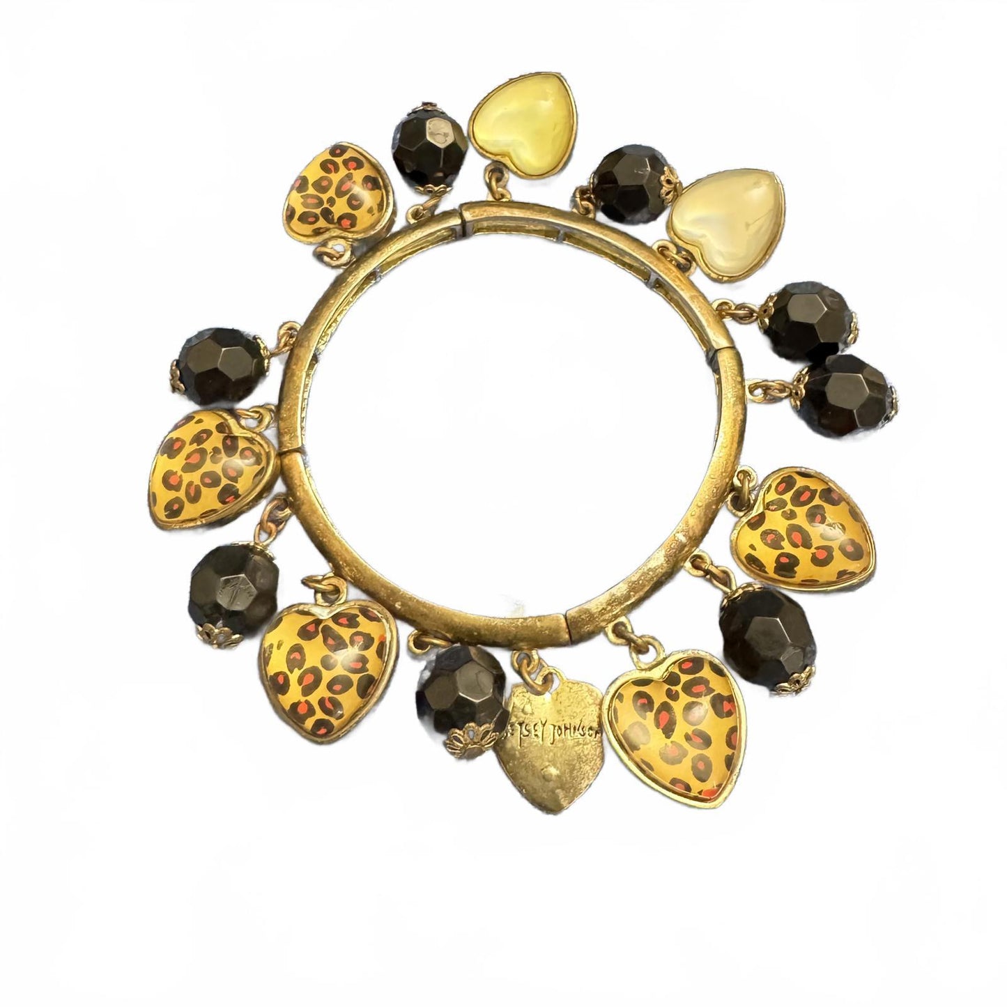 Betsy Johnson Heart Charm Stretch Bracelet Antique Brass Finish