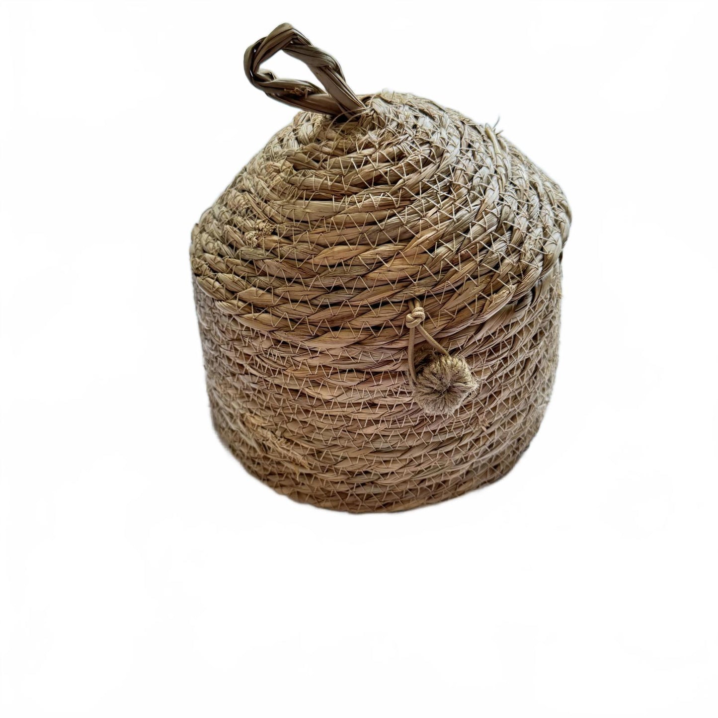 Handwoven Lidded Basket Natural Grass Storage Bin Boho Decor 10” Dome Top