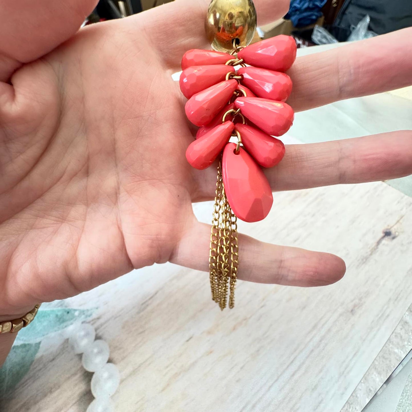 Coral Color Long Statement Necklace w/ Tassel and Leaf Charms & Co/ Bracelet