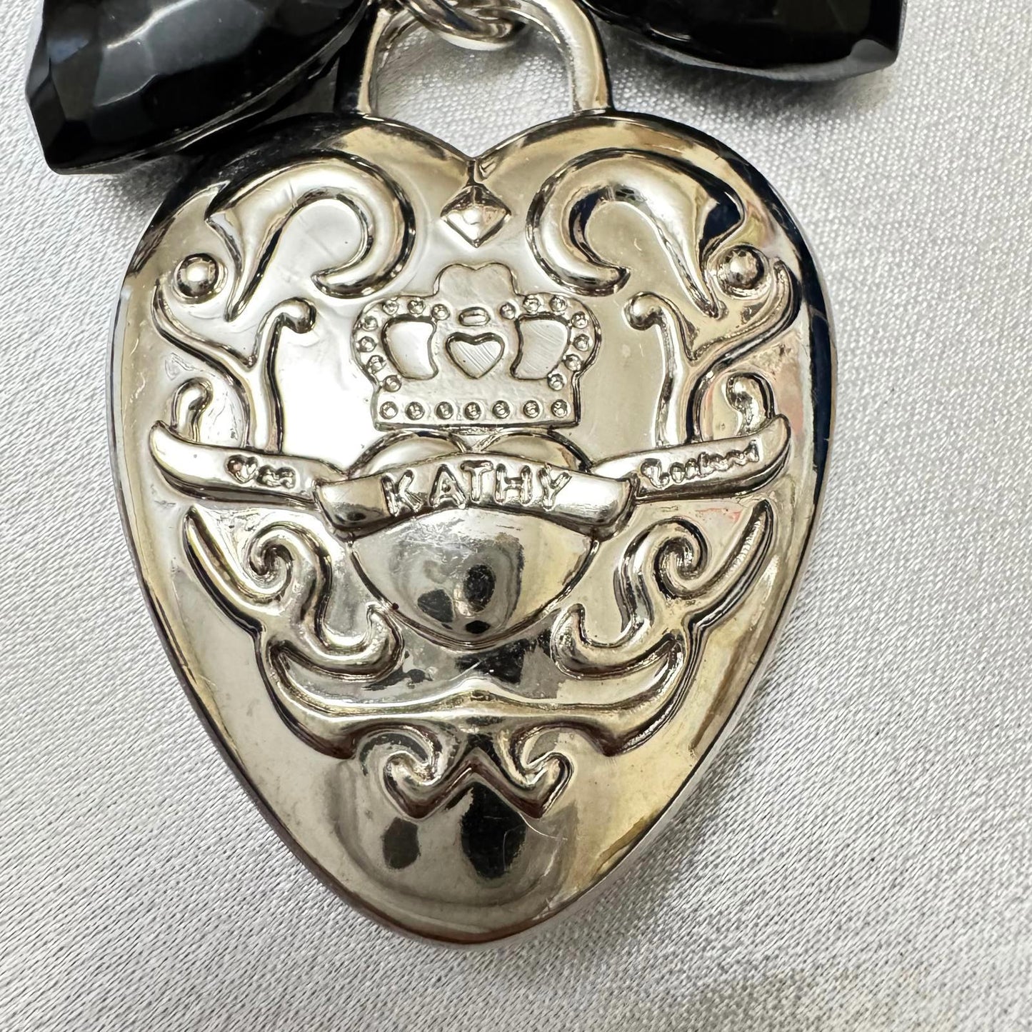 Kathy Van Zeeland Silver Tone Heart Keychain or Purse Charm with Black Accents