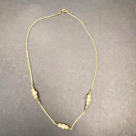 Gold Tone Pea Pod Necklace – Faux Pearl Beads, VTG Style Dainty Costume Jewelry