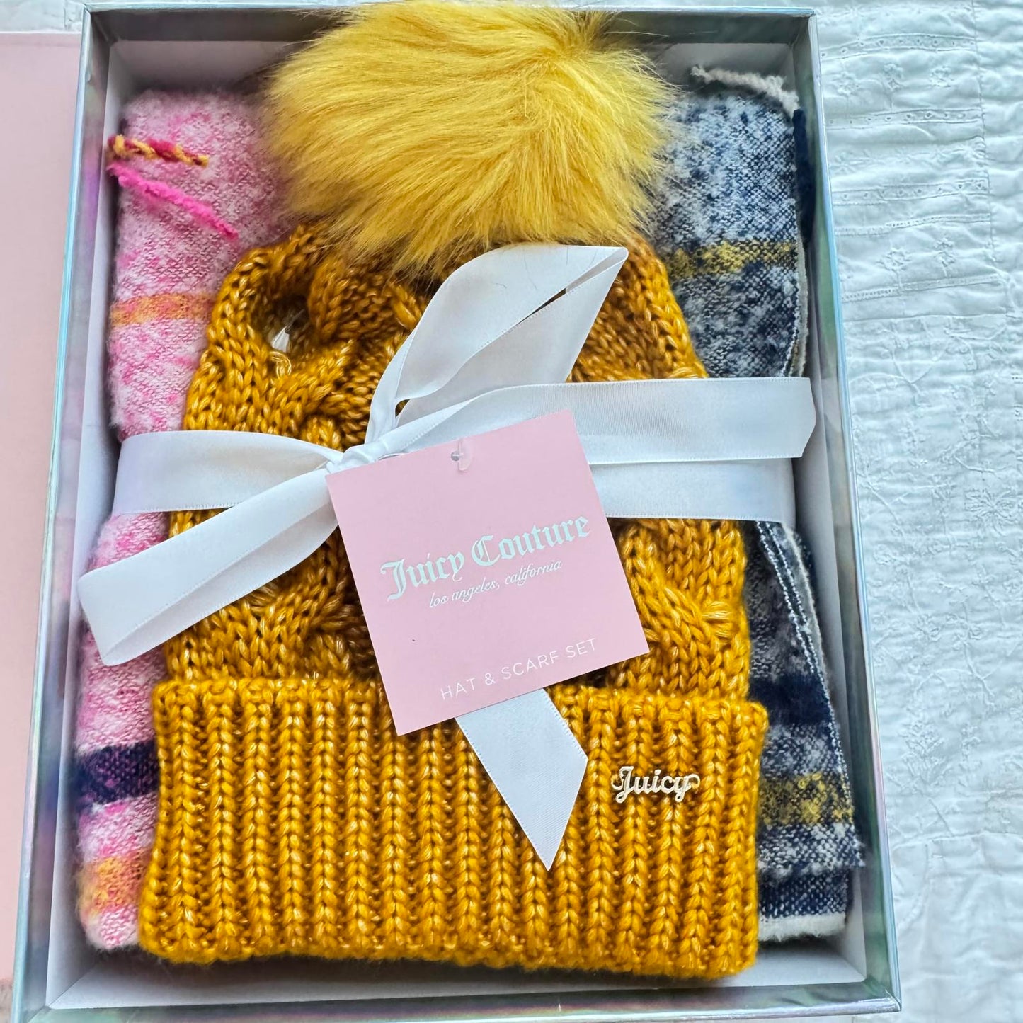 Juicy Couture Yellow Pink and Purple Beanie and Scarf Set Gift Set NWT