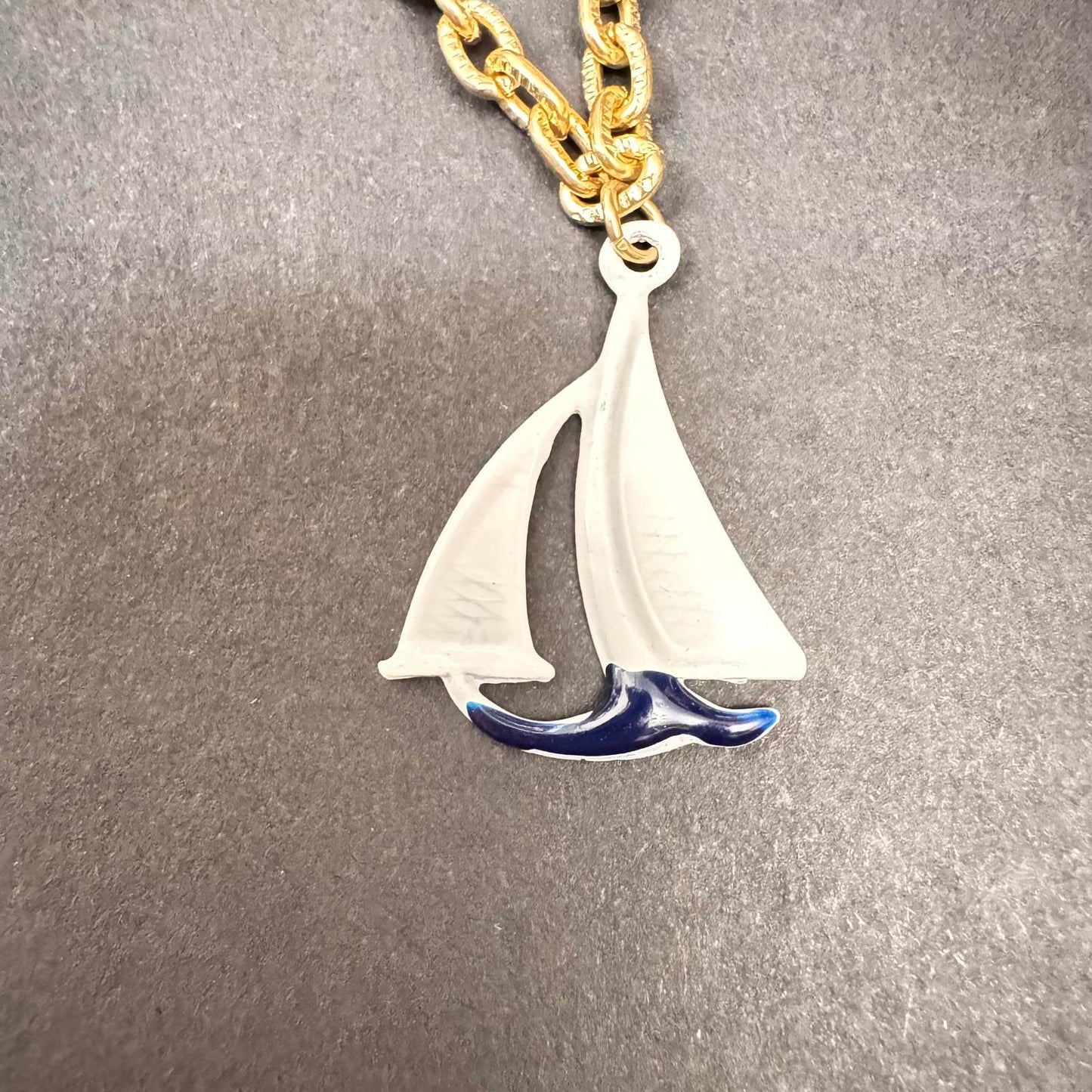 Nautical Charm Necklace – Sailboat & Anchor on Gold Tone Chain, Coastal Style