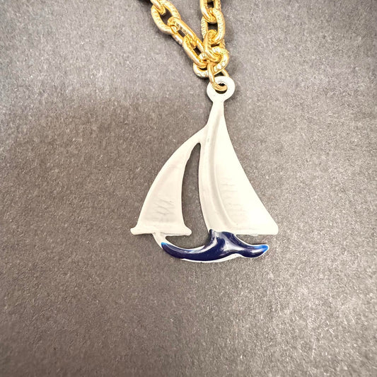 Nautical Charm Necklace – Sailboat & Anchor on Gold Tone Chain, Coastal Style