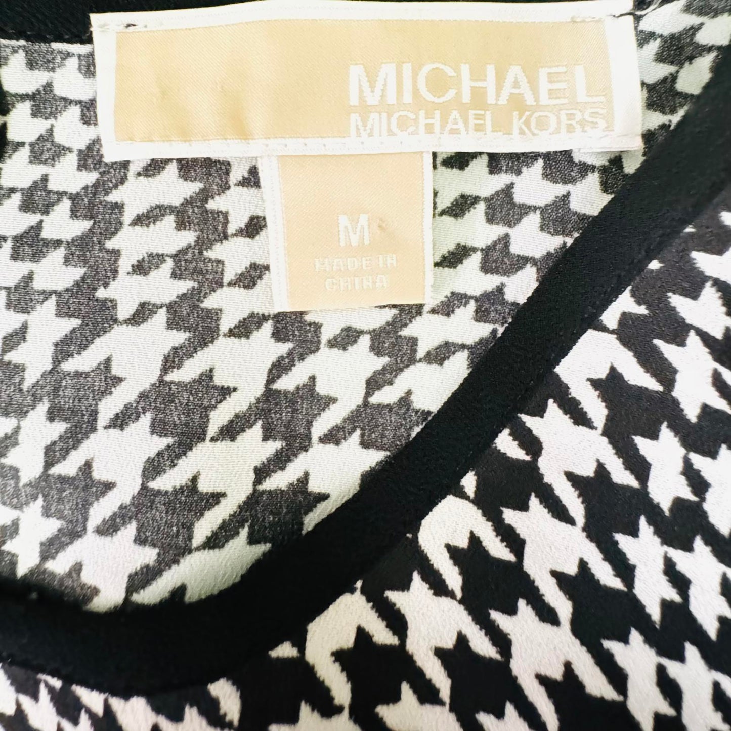Michael Kors M Black White Houndstooth Silky Blouse Long Sleeve Top Shirt