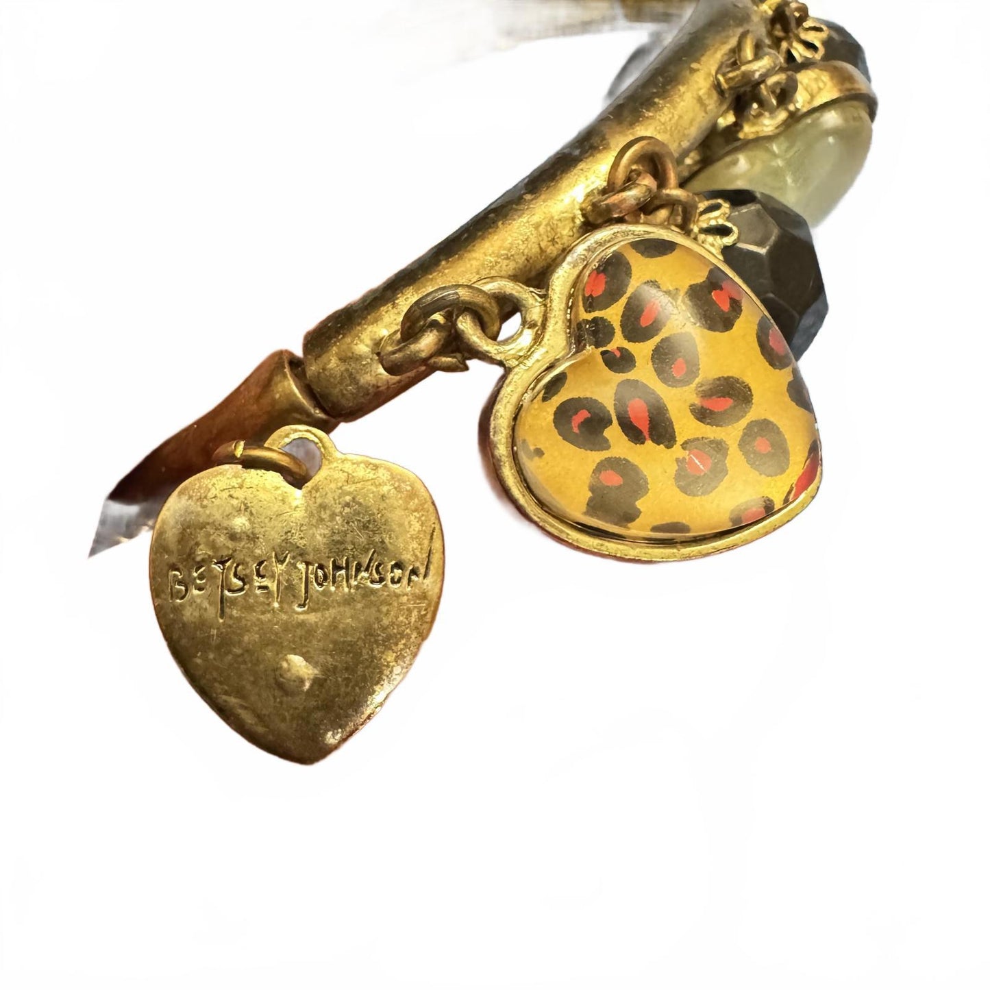 Betsy Johnson Heart Charm Stretch Bracelet Antique Brass Finish