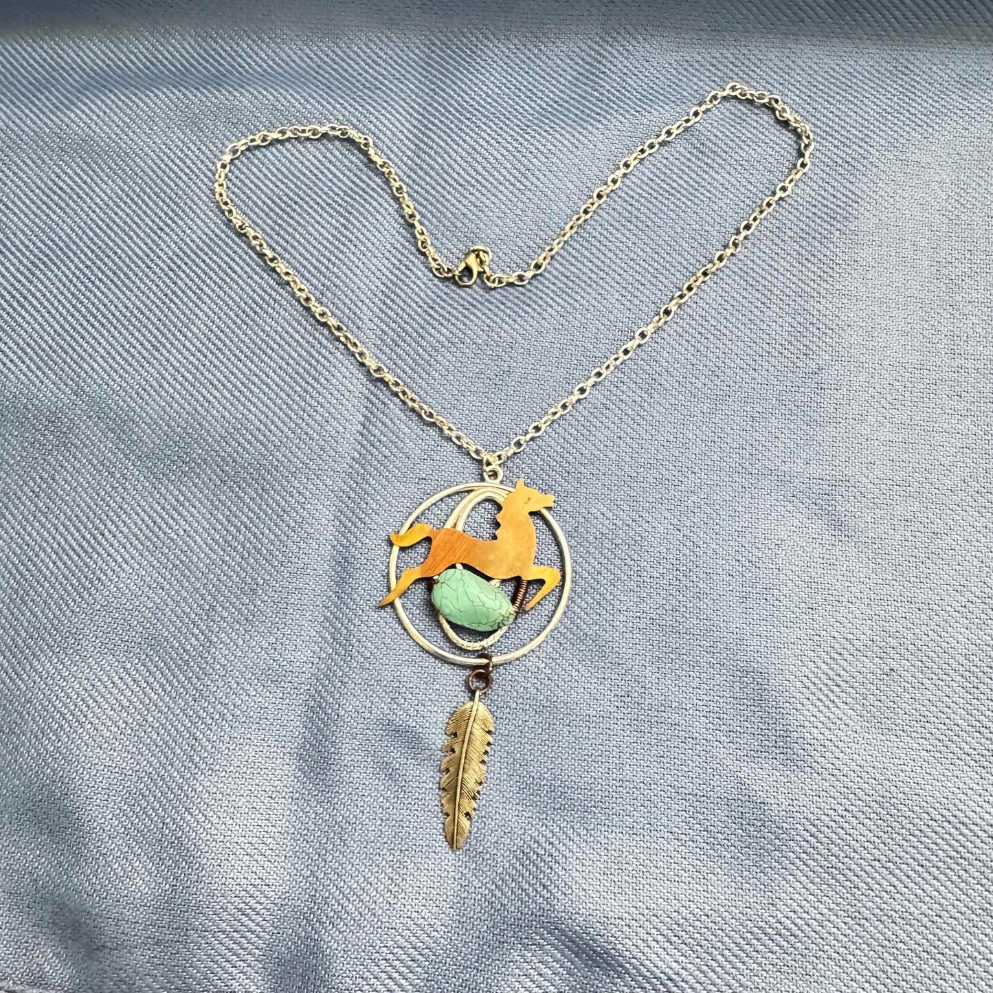 Unique Artisan Handmade Turquoise and Brass Horse Pendant Necklace Mixed Metals