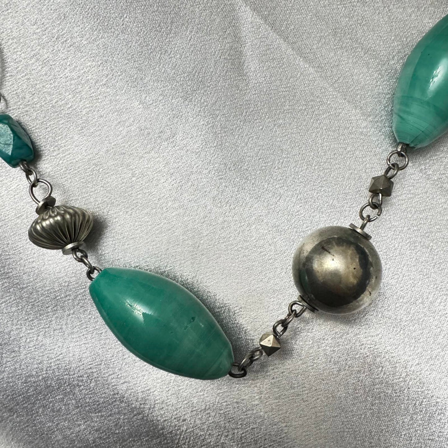 Vintage Turquoise Glass Beads & Silver Tone Necklace BoHo Artistic Statement