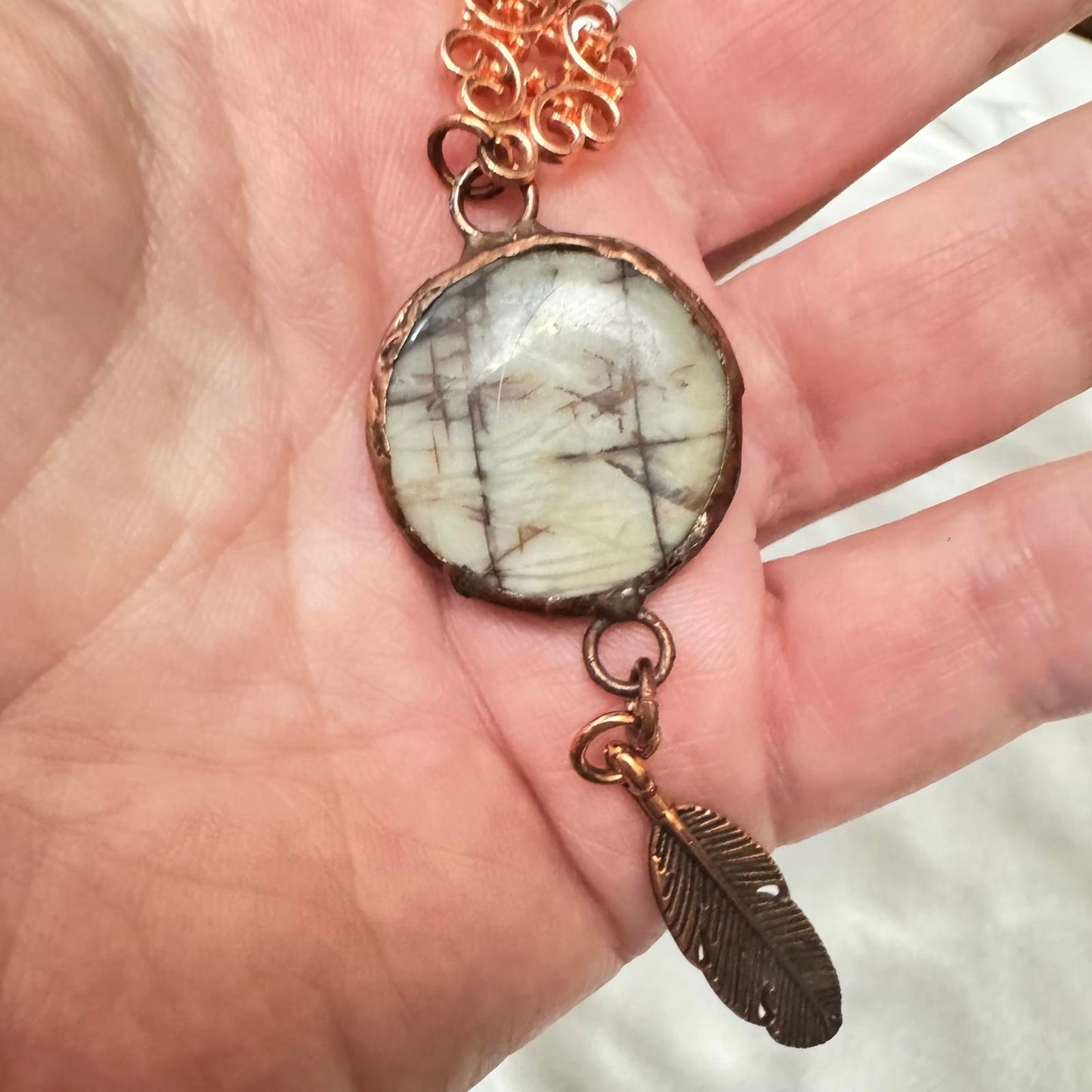Handmade Picture Jasper Pendant Necklace – Soft Solder Copper Boho Jewelry