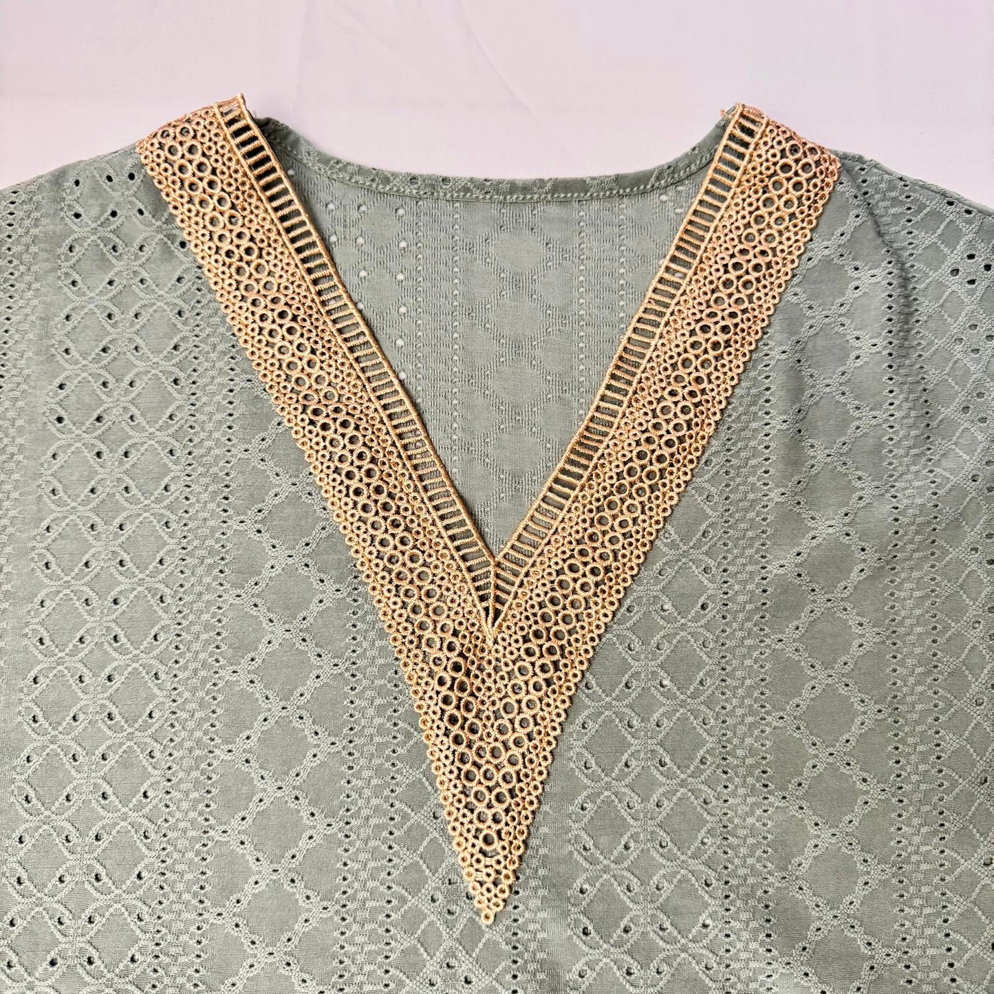 SHEIN Mint Green Blouse Women’s L Crochet Lace V-Neck Short Sleeve Eyelet Top