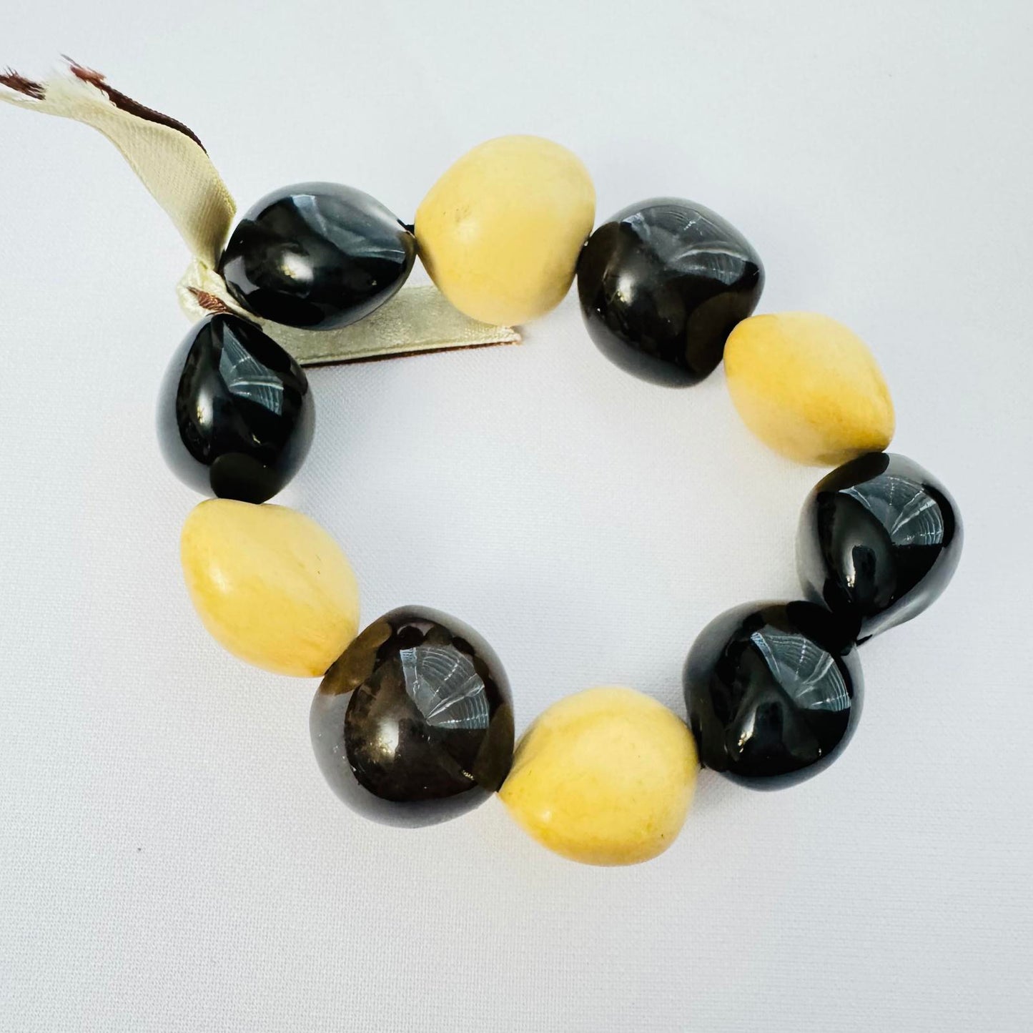 Vintage Wood Bangle & Seed Bead Bracelet Set – Black Cream Chunky Boho Jewelry