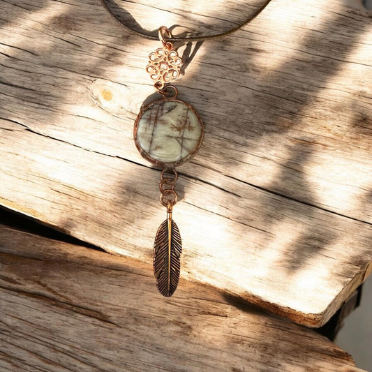 Handmade Picture Jasper Pendant Necklace – Soft Solder Copper Boho Jewelry
