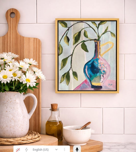Original Painting by Mechelle Flowers of Vase with Leaves size 8x10 in Gold Floater Frame